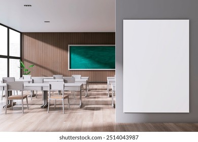 Modern stylish classroom interior with empty white mock up banner, panoramic window and city view, wooden floor and green blackboard on wall. School, university and education concept. 3D Rendering
