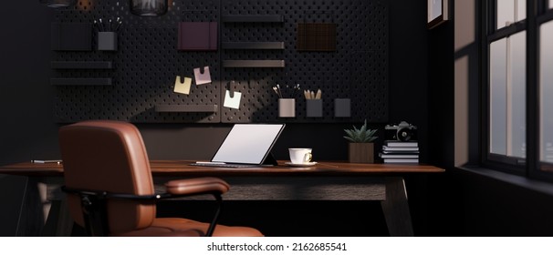 Modern Stylish Dark Home Office Workplace Interior With Tablet Mockup, Accessories And Decor On Wooden Table, Black Pegboard On Black Wall, Brown Leather Office Chair. 3d Rendering, 3d Illustration