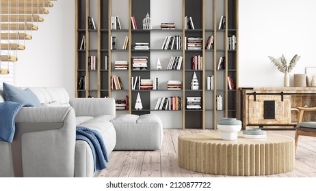 Modern stylish interior of the living room, a room with a staircase, wooden floor and a large window. 3D rendering - Shutterstock ID 2120877722