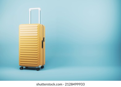 Modern suitcase on blue backdrop with mock up place. Luggage, bag and airplane concept. 3D Rendering - Powered by Shutterstock