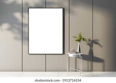 Modern Sunny Room With Blank White Poster On Beige Wall With Marble Floor And Stylish Coffee Table With Books And Glass Of Water. Mockup. 3D Rendering.