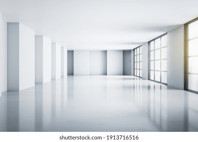 Modern Sunny Spacious Empty Hall Room With Minimalistic Light Grey Interior, Big Windows And Glossy Floor. 3D Rendering