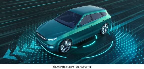 Modern SUV Car On The Road With Technology Of Automatic Navigation Sensors And Autonomous Driving. Professional 3d Rendering Of Own Designed Generic Non Existing Car Model.