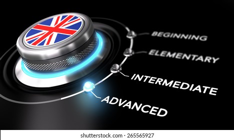 Modern switch pointing the word advanced. Black background. Concept of english courses or language skill level