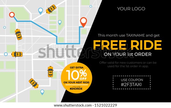 Modern taxi banner ad
with promotional code vector illustration. Free ride discount card
with top view on city map with geolocation pins and yellow taxicab
flat style
concept