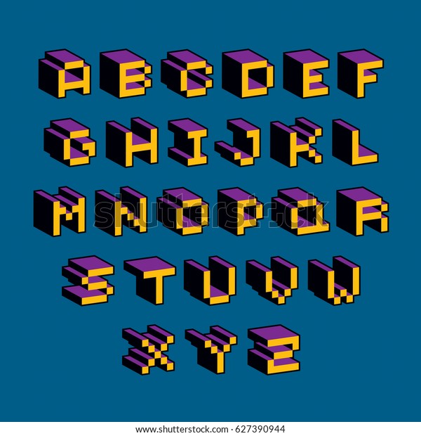 現代の技術アルファベットの文字セット 幾何学的なピクシル化されたデジタルフォント 3dドット付き8ビット文字 のイラスト素材