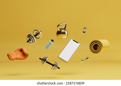 modern technologies. order and pay for classes in a fitness club through a smartphone. items for sports and a mobile phone on a yellow background. 3d render. 3d illustration - Powered by Shutterstock