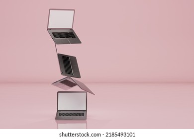 modern technologies. work online. patterns of laptops stacked on top of each other on a pink background with space for text. 3d illustration. 3d render