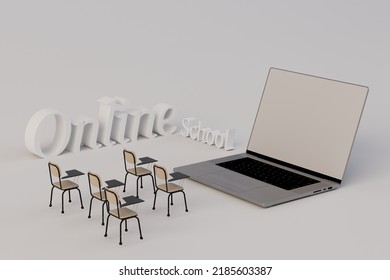 modern technologies. work, study online. online school. a large laptop in front of the students' workplaces on a white background with the inscription online school. 3d illustration. 3d render