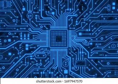 Modern technology concept. Blue computer microcircuit as background, top view. Illustration