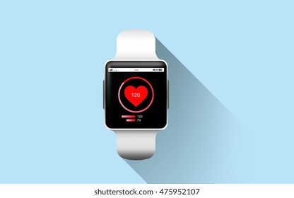 modern technology, health, object and media concept - close up of smart watch with heart rate icon on screen over blue background