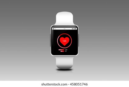 modern technology, healthcare, object and media concept - illustration of black smart watch with heart rate icon on screen over gray background