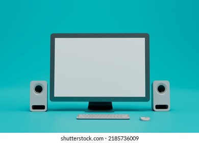 modern technology. work, study online. workplace at the computer. monitor, keyboard, computer mouse and stereo speakers on a turquoise background. 3d illustration. 3d render