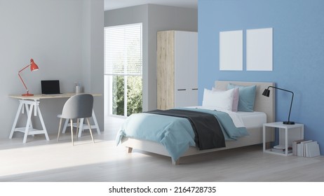 Modern Teenager Room Interior With Workplace And Bed. Night. Evening Lighting. 3D Rendering.