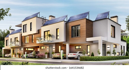 Modern townhouse with solar panels on the roof and electric cars. 3d rendering