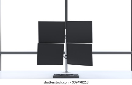 A modern trader's workplace or station which consists of four screens in a bright modern open space panoramic office. White copy space in the panoramic windows. 3D rendering.