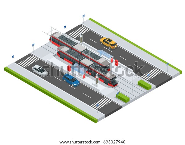 Modern Tramway on the stop and cars on the road\
Metropolitan mass transit system icons featuring tram car, cable\
car and modern tramway train Ideal for transportation infographics\
City Transport