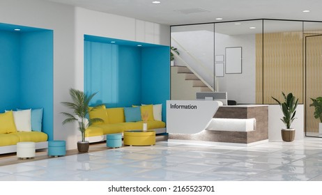 Modern Trendy Health Care Centre Or Medical Clinic Lobby And Waiting Room Interior Design With Information Counter, Comfy Sofa, Coffee Table And Indoor Plants. 3d Rendering, 3d Illustration