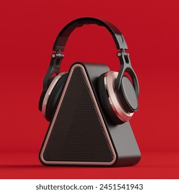 Modern Triangular Mobile Music Speaker with Headphones on a red background. 3d Rendering