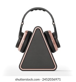 Modern Triangular Mobile Music Speaker with Headphones on a white background. 3d Rendering