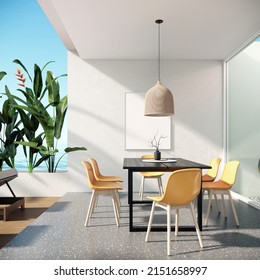 Modern Tropical Dining Room Interior Design And Decoration With Black Table And Yellow Chairs Emthy Photo Frame On White Wall. 3d Rendering Vacation House With Sea View For Summer Holiday Background.