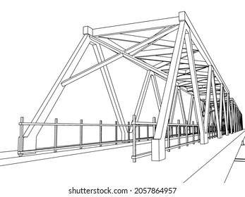 Modern truss bridge model. Outline frame model over white background, 3d rendering illustration