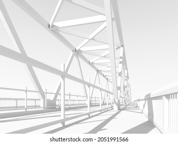 Modern truss bridge model, perspective view of a roadside. Black and white 3d rendering illustration