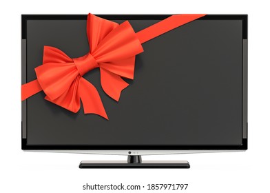 Modern TV set with ribbon and bow, gift concept. 3D rendering isolated on white background