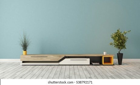 Modern Tv Stand Design With Blue Wall In The Room Decoration Idea 3D Rendering By Sedat SEVEN