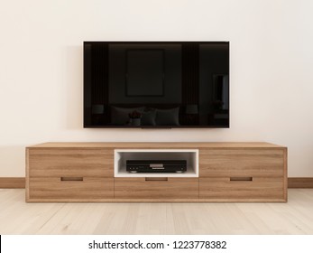 Modern TV Unit In A Scandinavian Bedroom. 3D Rendering