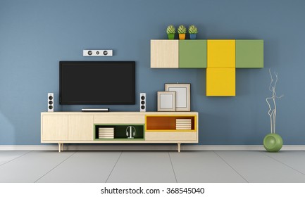 Modern TV Wall Unit In A  Blue  Living Room  - 3D Rendering