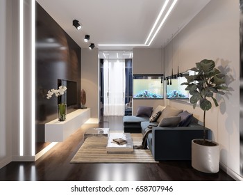 Modern urban contemporary living room hotel interior design with gray beige walls, fireplace, aquarium and LED Diode lighting on ceiling. 3d render