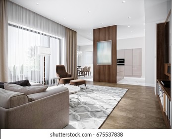 Modern urban contemporary living room hotel interior design with white walls, tv, kitchen, Wood walnut furniture. 3d render
