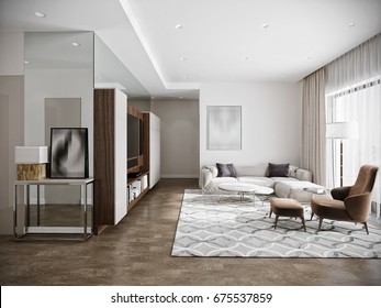 Modern Urban Contemporary Living Room Hotel Interior Design With White Walls, Tv, Kitchen, Wood Walnut Furniture. 3d Render