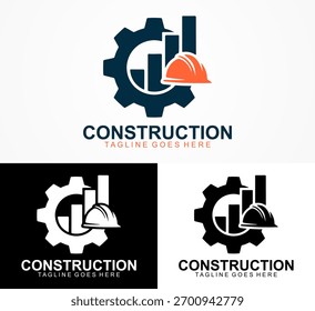 Modern vector illustration of a construction and engineering logo design featuring a gear a safety helmet and a rising graph for your business