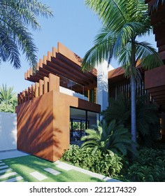 Modern Villa In Dubai. 3D Render. Luxurious Architecture. House In Modern Style