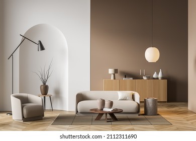 Moderne Villa Wohnzimmer Design Inneneinrichtung, beige Möbel, helle Wände, Parkettboden, Sofa, Sessel mit Lampe. Konzept der Entspannung. 3D-Rendering