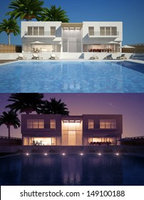 Modern Villa With Water Pool Day And Night View