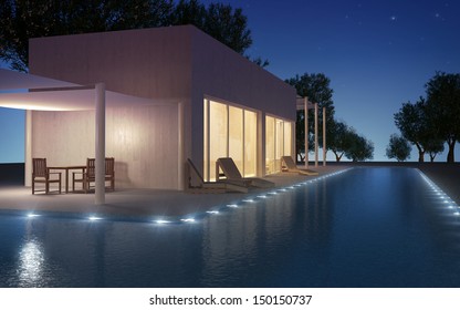 Modern Villa With Water Pool Night View