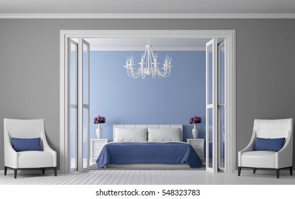 Modern vintage bedroom interior 3d rendering Image. View from front of room.There are white wood floor.Paint wall with blue and grey.There are white furniture, blue fabric and white chandelier.