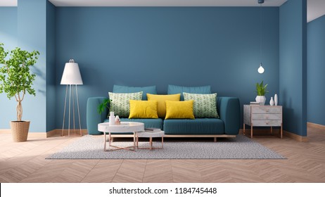 Modern Vintage Interior Of Living Room,,Blueprint Home Decor Concept ,green Couch With Marble Table On Blue Wall And Hardwood Flooring ,3d Render