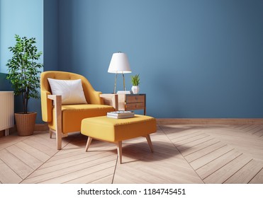 Modern Vintage Interior Of Living Room,,Blueprint Home Decor Concept ,yellow Armchairs With Wood Table On Blue Wall And Hardwood Flooring ,3d Render