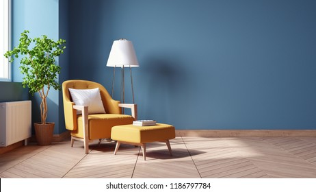 Modern Vintage Interior Of Living Room,,Blueprint Home Decor Concept ,yellow Armchairs With Wood Table On Blue Wall And Hardwood Flooring ,3d Render