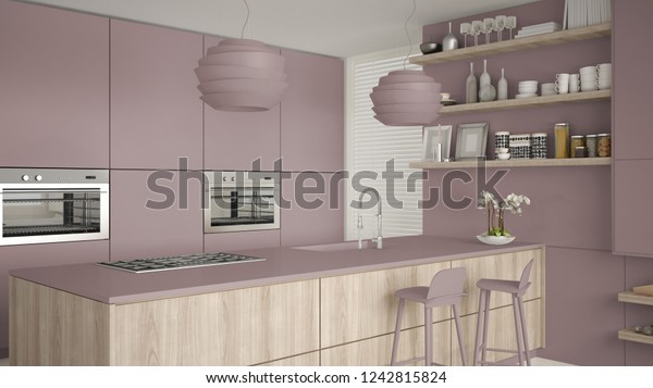 Modern Violet Wooden Kitchen Shelves Cabinets Stock