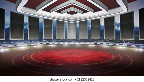  Modern, Virtual Studio TV Show Background, Ideal For Tv News Shows Or Live Events. 3D Rendering Backdrop Suitable On VR Tracking System Stage Sets, With Green Screen