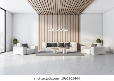 Modern Waiting Area In A Luxuty Hotel Lobby, With Sofa, White Walls And Concrete Floor And Big Window. 3d Render