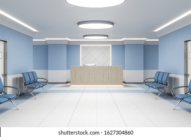 Modern waiting room in blue hospital interior with reception desk. Medical and healthcare concept. 3D Rendering