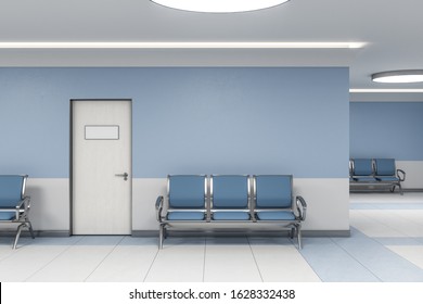 Modern Waiting Room In Blue Medical Office Interior With Chairs And Blank Wall. Medical And Healthcare Concept. 3D Rendering