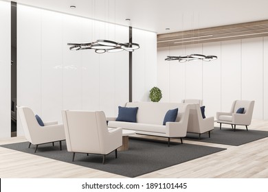 Modern Waiting Room With Chairs, Coffee Table And Blank Wooden Wall. Workplace And Lifestyle Concept. 3D Rendering