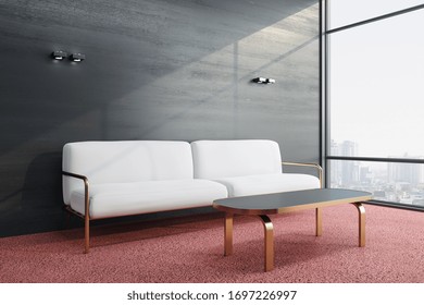 Modern Waiting Room With Sofa, Table And City View. Workplace And Lifestyle Concept. 3D Rendering